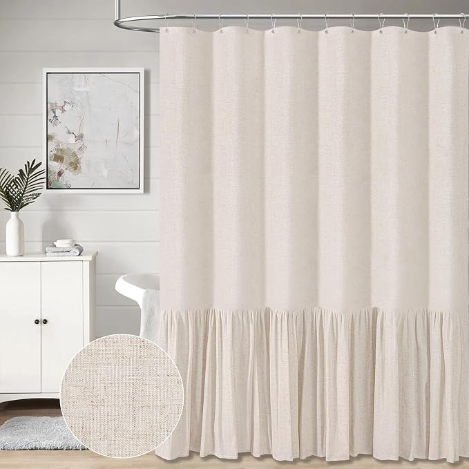 Linen Ruffle Modern Farmhouse Cloth Shower Curtain, 72x72, Beige/Cream | Ruffle Hem, Heavy Duty Fabric, 12 Hooks, Elegant Drape, Shabby Chic Style, Bathroom Decor, Machine Washable, Easy To Install