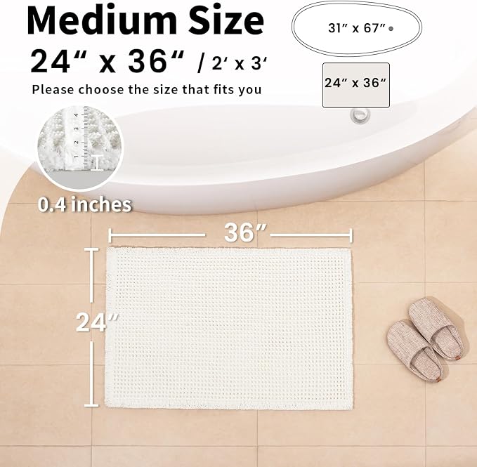 White Bathroom Rugs, Waffle Bath Mat Non Slip Washable, 24" x 36" | Super Absorbent Quick Dry Bath Mat, Boho Bathroom Mats, Soft Waffle Weave Farmhouse Bathroom Decor for Shower or Tub