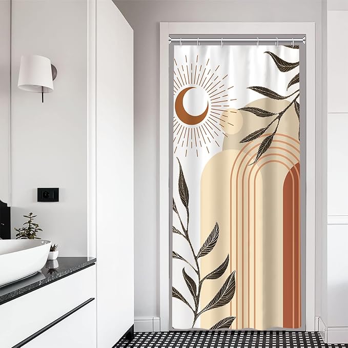 Boho Moon Stall Shower Curtain with Hooks 36x72 Inch | Waterproof Small Narrow Terracotta and Beige Bathroom Curtain for Shower Stall, Machine Washable