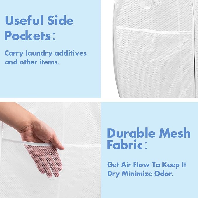 Pop Up Laundry Hamper, 70L Collapsible Mesh Laundry Basket with Side Pocket, Foldable Dirty Clothes Hamper with Sturdy Reinforced Handles for Home Dorm Bedroom Travel Storage, White, 2Pack