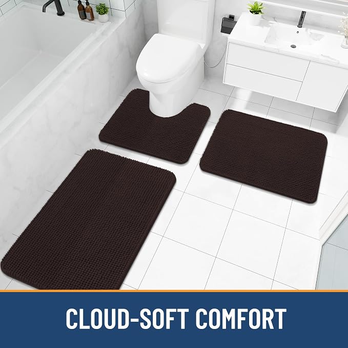 Arotive Chenille Bathroom Rugs 40x32, Soft Absorbent Bath Mat, Brown | Rubber Backing, Machine Washable Dry Bath Mats for Bathroom Floor, Tub and Shower, Home Decor Accessories