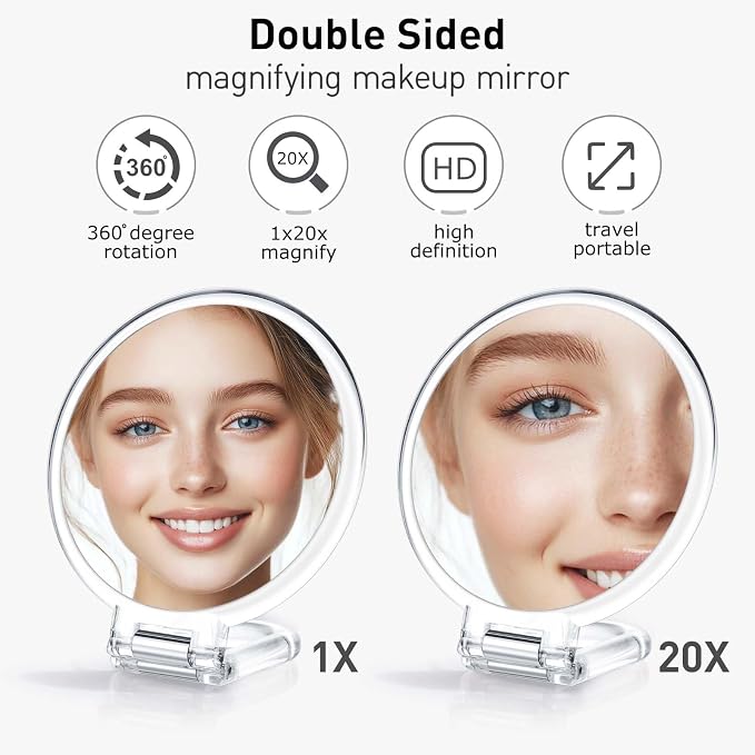 CLSEVXY Magnifying Handheld Mirror Double Sided, Magnification Hand Mirrors, Travel Folding Hand Held Mirror, 360°Rotation Pedestal Makeup Vanity Mirror
