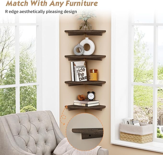 Forbena Floating Corner Shelves for Wall Set of 4, Small Corner Bookshelf for Bedroom Books, Round Wooden Corner Shelf Wall Mount for Bathroom Plants, Kitchen, Living Room Decor (Dark Brown)