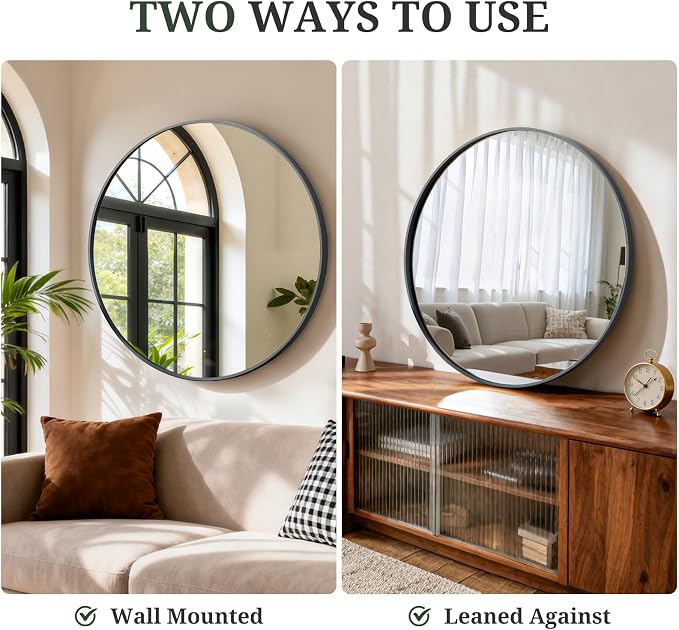 Round Wall Mirror 24 Inch Black Vanity Mirror with Metal Frame | Modern Circle Wall Mounted Decorative Mirrors for Bathroom, Entryway, Bedroom, Living Room