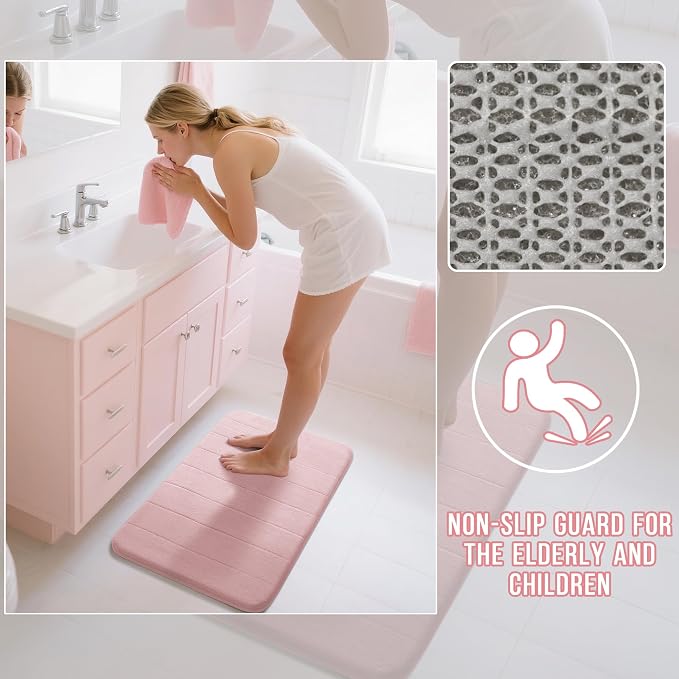 Yimobra Memory Foam Bath Mat Set 3 Pieces- Super Soft Absorbent Quick Dry Bathroom Rug Sets, Machine Washable Non Slip Floor Carpet for Tub Shower, Vanity & Toilet Base, Pink