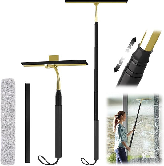 Shower Squeegee with Long Handle, Squeegee for Glass Doors | 15"-51" Telescopic Squeegee for Window Cleaning, Extendable Window Cleaner Tool for Tile Walls, Sliding Door, Car Windshield
