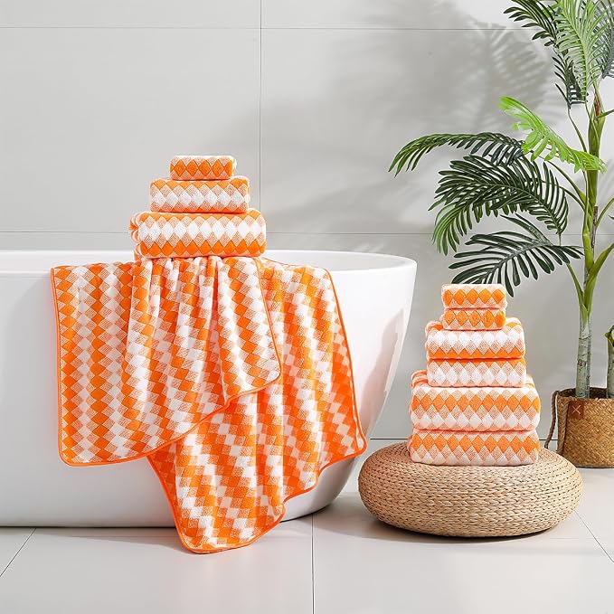 12 Pcs Orange White Diamond Towel Set-4 Bath Towels,4 Hand Towels,4 Washcloths Soft Polyester Towels with Loop Absorbent Shower Towel Quick Dry Beach Chair Towel Family Towels for Bathroom Gym Pool