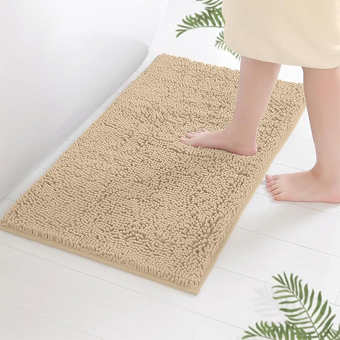 LuxUrux Ultra-Soft Chenille Bath Mat - Plush Microfiber Bathroom Rug, Super Absorbent & Quick-Dry, Cozy Shaggy Design, Machine Washable (24 x 36 inches, Birch)