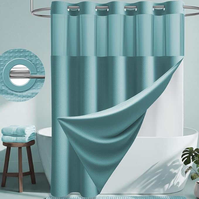 Teal Hook Free Waffle Shower Curtain & Snap-in Fabric Liner,72x75 | Less Time to install, 3 in 1 Fabric Shower Curtain and Liner Set with Magnets, Mesh Top Window, Shower Curtains for Bathroom