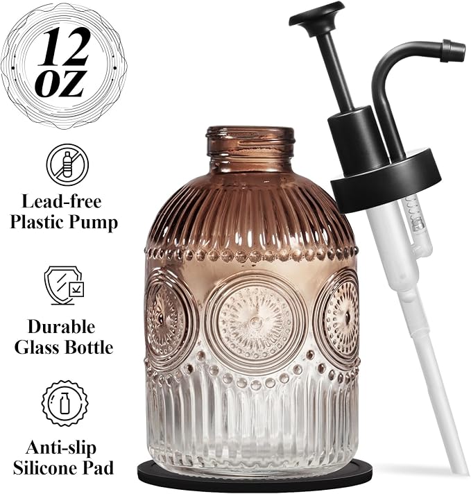 SheeChung 12oz Vintage Glass Soap Dispenser with Black Pump, Brown, 1 Pack | Refillable Dish and Hand Soap Dispenser for Bathroom Kitchen, Rustic Liquid Lotion Bottle,BPA-Free,Funnel,Mat,Farmhouse Decor