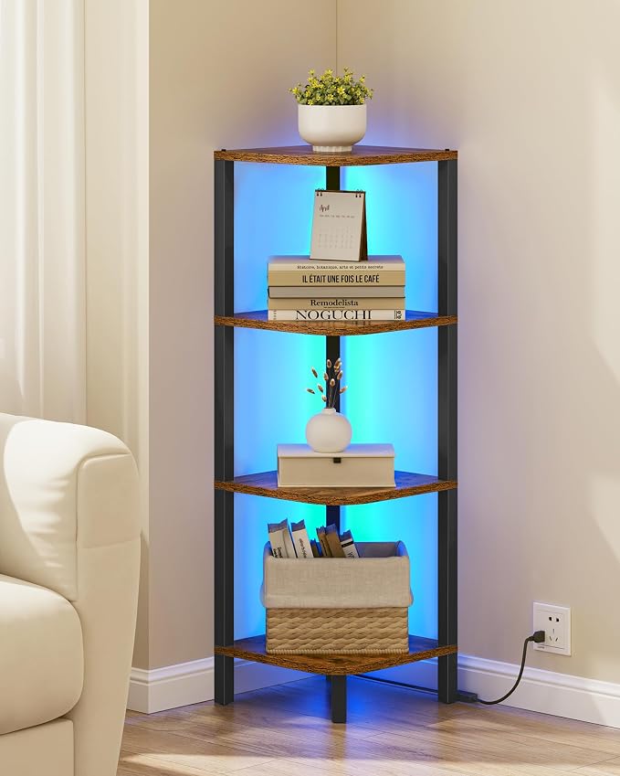 TUTOTAK Corner Shelf, 4-Tier Corner Bookshelf for Small Space | Narrow Display Corner Shelf Stand with Storage Rack, for Living Room, Bedroom, Rustic Brown BS08BB004L