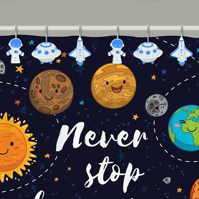 12-Piece Outer Space Galaxy Rocket Planet Shower Curtain Hooks | Decorative Shower Curtain Hooks for Bathroom, Stainless Steel Shower Hangers Rings