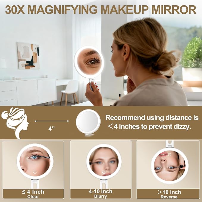 Mocado 30x Magnifying Mirror with Light, 6" Magnifying Mirror Suction Cup | 3 Colors Light, Dimmable Touch, 0-100% Brightness Adjustable, Stable Stand, 2000mAh Rechargeable, Handheld Mirror,(White)