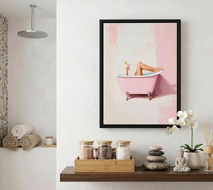 Black Floating Framed Funny Pink Bathroom Canvas Wall Art Trendy Charm Girl Bathtub Painting Picture Wall Decor Martini Cocktail Poster Print Artwork for Restroom Toilet Home Decoration 12x16in