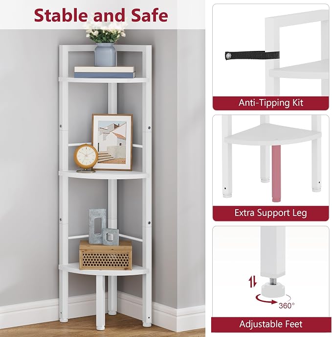 Small Corner Shelf Stand 3 Tier 39.5" with Metal Frame, White | Industrial Narrow Corner Shelf, Multipurpose Tall Corner Bookshelf, Corner Shelves for Bedroom, Living Room, Office, Kitchen