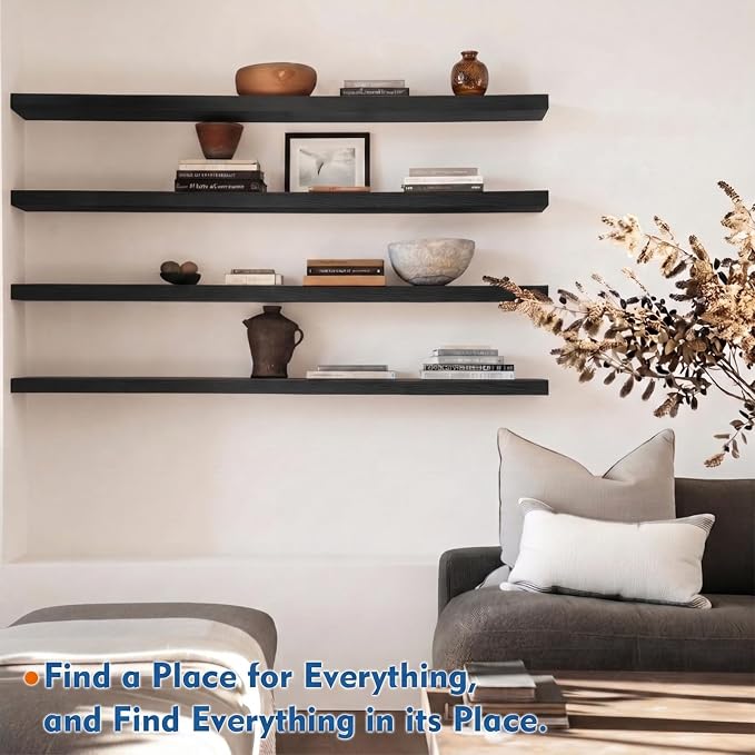 Harwaya Black Floating Shelves for Wall 48 in, Wall Shelves for Living Room | Dark Wood Modern Decor Sturdy Display Hanging Shelves 2 Pack, Bedroom Kitchen Bathroom Office Laundry Room Entryway Island