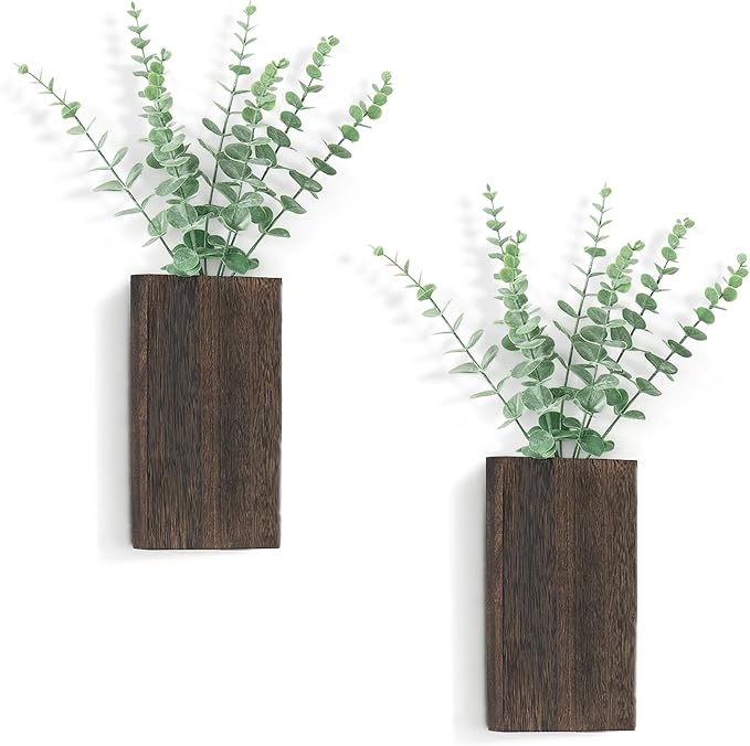Dahey 2 PCS Wall Planter Vase with Fake Plants for Farmhouse Wall Art Decor | Lightweight Wood, Realistic Artificial Eucalyptus, Cute Hanging Decor for Bathroom Living Room Bedroom Entryway Office, Brown