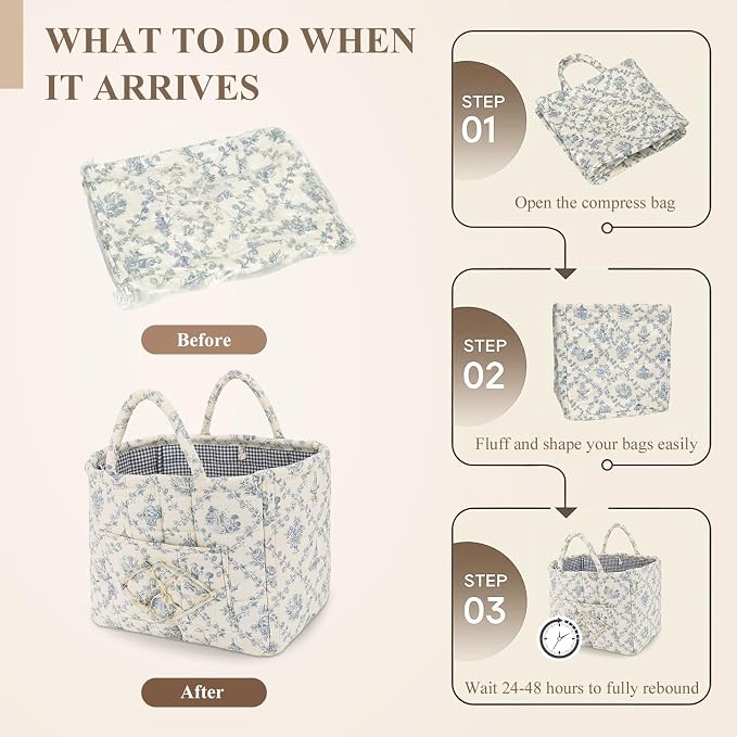 Storage Basket Boho Fabric Large Collapsible Floral Laundry Nursery Hamper Portable Folding Storage for Clothes Toys (Vine-Blue A)