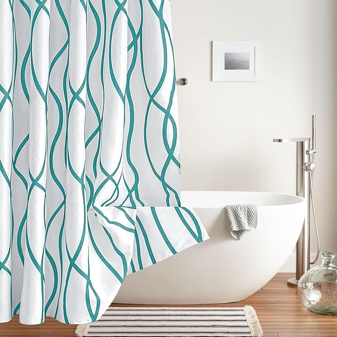 Biscaynebay Extra Long Textured Fabric Shower Curtain 72 W x 84 L, Turquoise Striped Printed Linen Modern Hotel Luxury Quality Cloth Bathroom Curtains Machine Washable