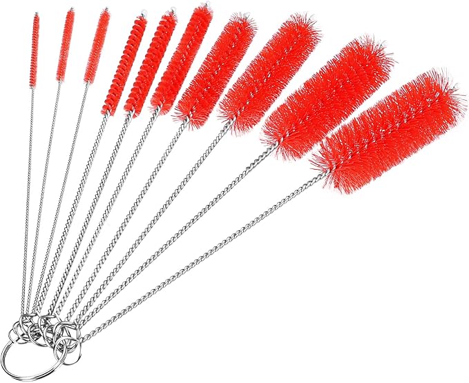 CiaraQ Bottle Cleaning Brushes, 8 Inch Nylon Tube Brush Set | Red Cleaner for Narrow Neck Bottles Cups with Hook, Set of 10pcs.