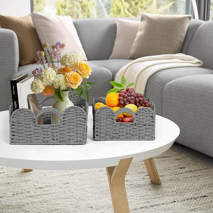 Storage Baskets for Shelves Scalloped Desk Organizer Paper Rope Bin Grey | Set of 2, Natural, Handwoven, Boho Decor, with Built-in Handles