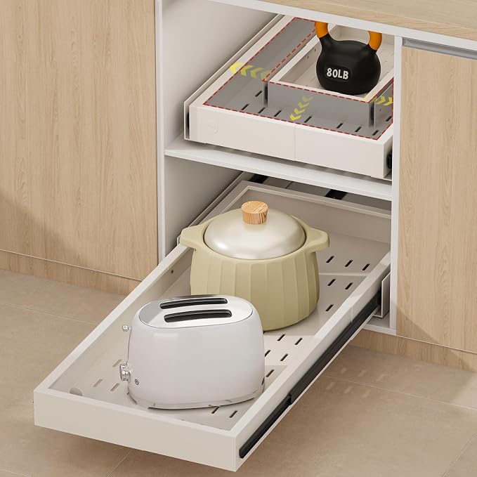 Fokyfok Pull out Cabinet Organizer,11"-17"W,25"-32"D,Expandable,Adhesive | No Drill,3 Rails,Adjustable Slide out Drawers for Kitchen,Pantry,Roll out Shelves,for Cabinets Without Lip,Bathroom,White,1PC