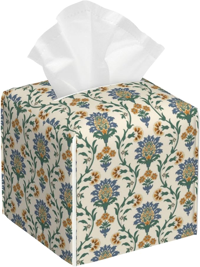Turkish Motifs Tissue Box Cover Square,Tissue Box Holder with Belt Bottom,Stylish Leather Napkin Holder for Vanity Countertop,Nightstands,Office Desk,5.2"×5.2"×5.2"