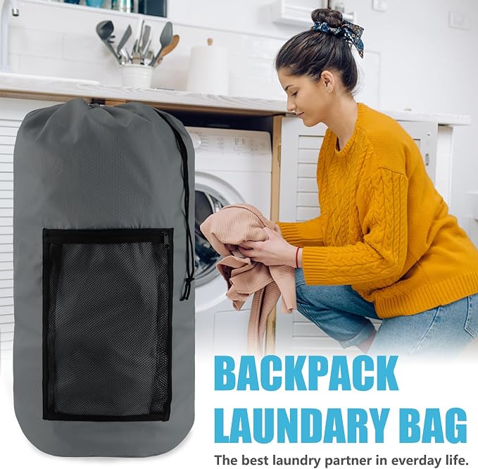 Olosar Laundry Bag Backpack, 2PCS Extra Large Travel Laundry Bag with Mesh Pocket & Adjustable Shoulder Straps,Dirty Clothes Travel Bag for College Students Dorm,Apartment(Grey)