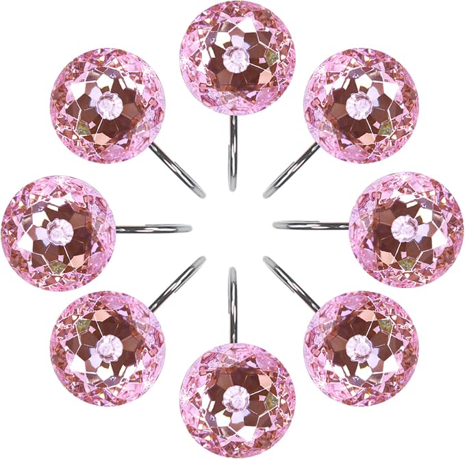 TOAOB 12pcs Pink Shower Curtain Hooks Rings Rust Proof Stainless Steel for Bathroom Curtains Rod Diamonds Rhinestone Decorative Round for Bathroom Curtain Shower Rod Accessories