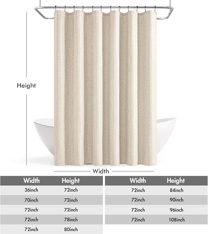 ANRODUO Cream Beige Linen Textured Fabric Shower Curtain Set - W72xL74 | Farmhouse Shower Curtain with 12 Metal Hooks, Waterproof Heavy Duty, Button Hole Design, Machine Washable for Bathroom