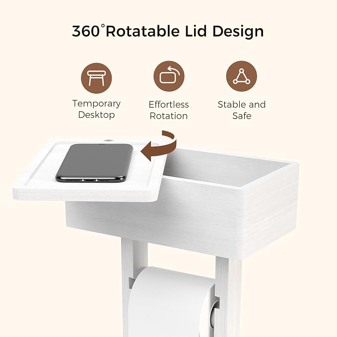 4-in-1 White Toilet Paper Holder Stand with Storage Shelf Box | Bamboo Free Standing Toilet Tissue Roll, Toilet Wipes Dispenser Organizer, Temporary Desktop for Modern Bathroom Organizer