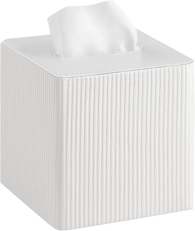 Mkono Tissue Box Cover, PU Leather Square Holder with Bottom, Beige | Decorative Facial Cube Organizer, Vanity Dresser Countertop Tabletop, Bathroom Bedroom Office Nightstand, Home Decor Accent