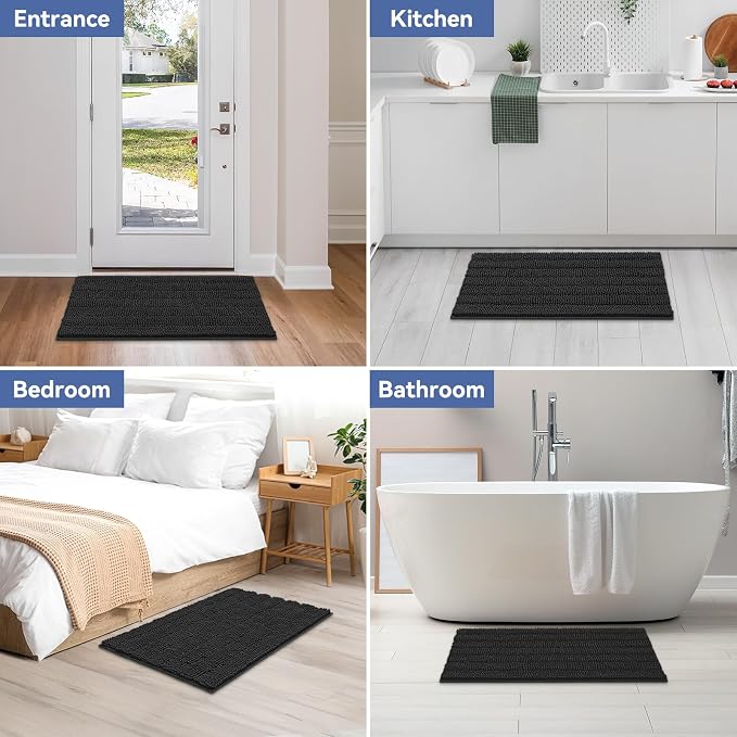 Bcoimo Bath Rug Mat,36x24 Chenille Non Slip Black Bathroom Floor Shower Mat | Extra Soft Bathroom Rugs;Non Slip with Rubber Backing Bath Mats;High Absorbent And Quick Dry Microfiber mat; Machine Washable