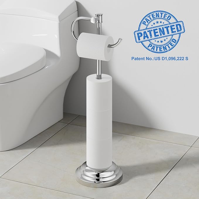 RUMOSE Toilet Paper Holder Stand for Floor Free Standing, Chrome | Bathroom Freestanding Toilet Tissue Roll Holder with Storage, Adjustable 17-25 Inch, Rustproof, SUS304 Stainless Steel