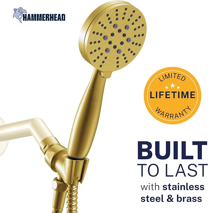 HammerHead Showers® Solid Metal 3-Spray Handheld Shower Head with Long Hose and Holder - BRUSHED GOLD - WIDE, MASSAGE, and MIST Sprays - 1.8 GPM Low Flow Handheld Showerhead - Water Saving Shower Head