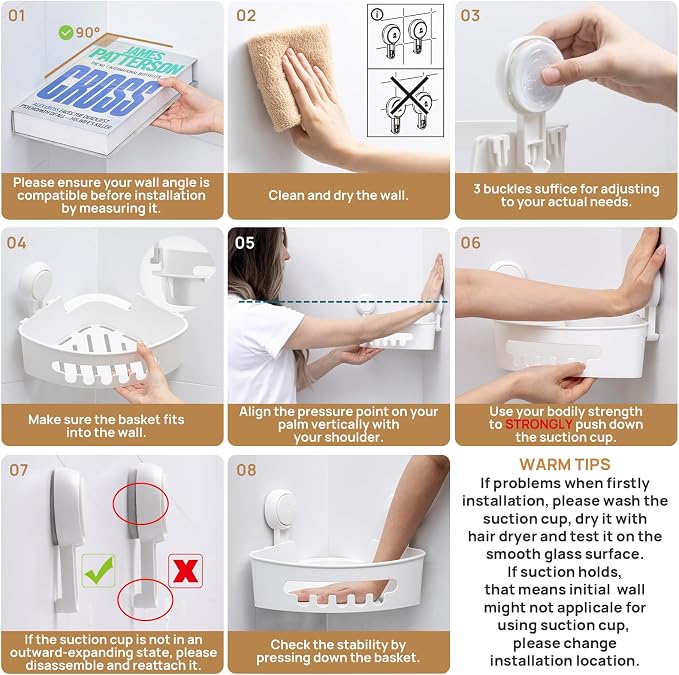 Corner Shower Caddy Suction Cup, shower shelves suction cup, White | 2 Pack Basket Bathroom, Waterproof & Oil-proof Organizer,No-Drilling Removable