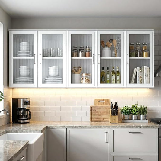 60" W Bathroom Wall Cabinet with Acrylic Glass Doors, Display Cabinet, Kitchen Wall Cabinets with Adjustable Shelf, Laundry Room Wall Mounted Cabinet, Medicine Wall Cabinet with Light (White)