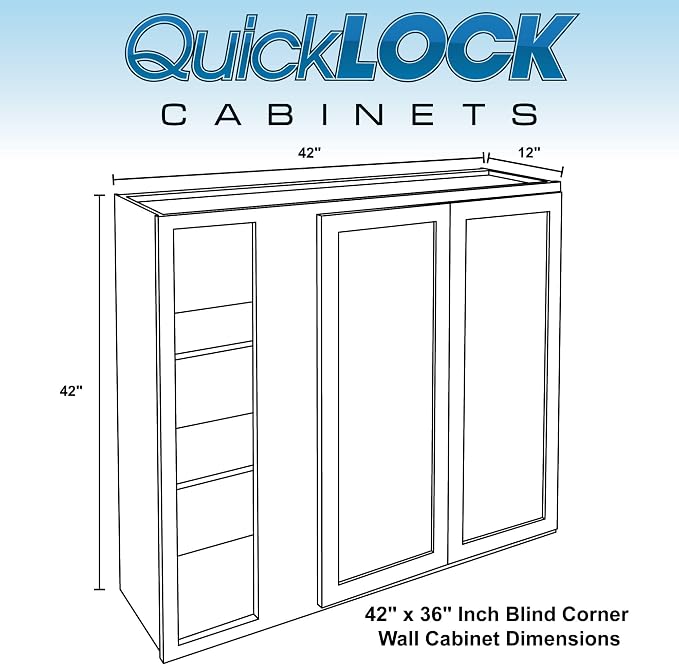 Quicklock RTA (Ready-to-Assemble) 42" Tall Wall Kitchen Cabinets - Shaker Style | 100% Hardwood | Made in America | Soft Close Hardware (12" D x 42" W x 42" H Blind Corner, Raw Maple)