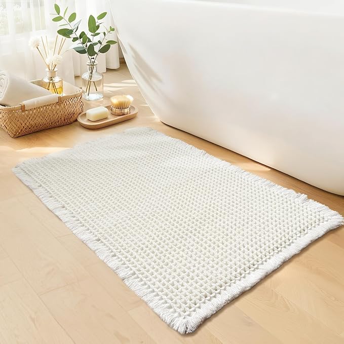 White Bathroom Rugs, Waffle Bath Mat Non Slip Washable, 20" x 32" | Super Absorbent Quick Dry Bath Mat, Small Boho Bathroom Mats, Soft Waffle Weave Farmhouse Bathroom Decor for Shower or Tub
