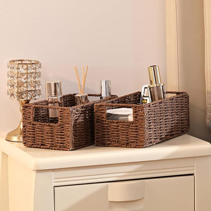 Wicker Storage Basket, Set of 2 Hand-Woven Paper Rope Wicker Basket, Small Storage Baskets for Organizing Toilet Paper Basket, Foldable Large Cube Storage Organizer Bins for Shelves (Brown)