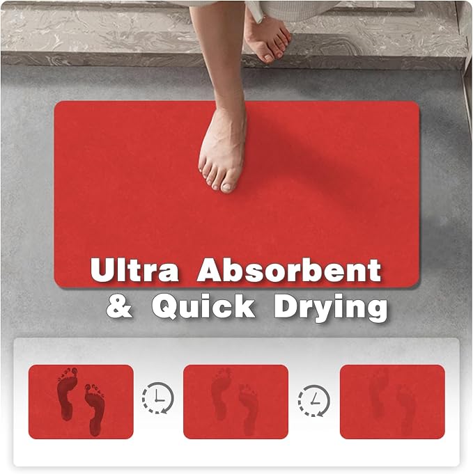 TYUU Christmas Bath Mat, Red Bathroom Rugs Non Slip Washable Thin Absorbent Bath Mat Fits Under Door Bathroom Floor Mat Perfect for Bath, Shower, or Sink 24"x36" Red