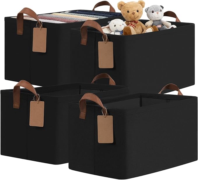 CHICVITA 4 Pack Large Storage Baskets with Metal Frame, Black | 16.8 × 11 × 9.8 in, Reinforced Handles, Collapsible Design, Closet & Shelf Organization, Clothes, Blankets & Toys Storage