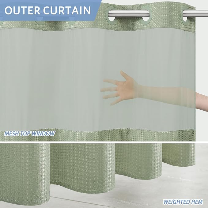 Furlinic No Hook Waffle Weave Shower Curtain with Snap in Fabric Liner,Honeycomb Textured Bathroom Curtains with See Through Top Window,Waterproof & Machine Washable,Sage Green,71x78 Inch