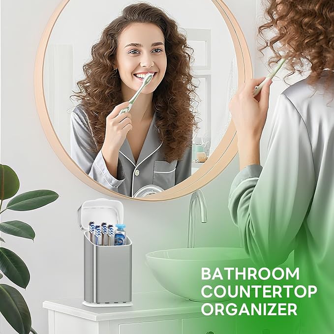 GFWARE Bathroom Toothbrush Holder with Cover, Ventilated & Drainage, Silver | Detachable 5 Slots Bathroom Organizer for Toothbrush and Toothpaste, Waterproof & Dustproof, Fits Toothbrushes Under 7.5 In