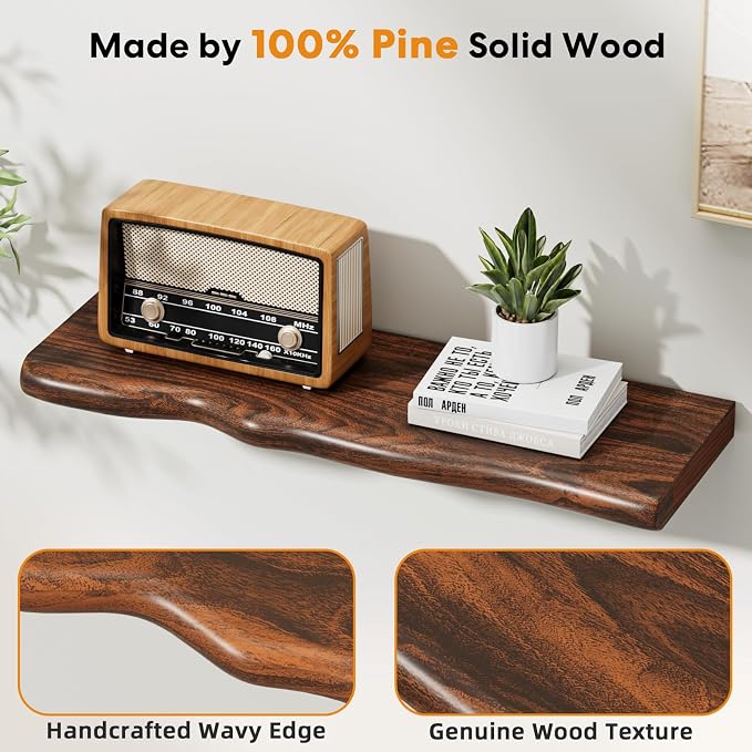 Medium Walnut Finish Floating Shelves with Hidden Bracket, Organic Wavy Edge Wall Shelves, Jointed Solid Pine Construction,Rustic Wall Decor for Living Room & Bathroom (Set of 2-24"