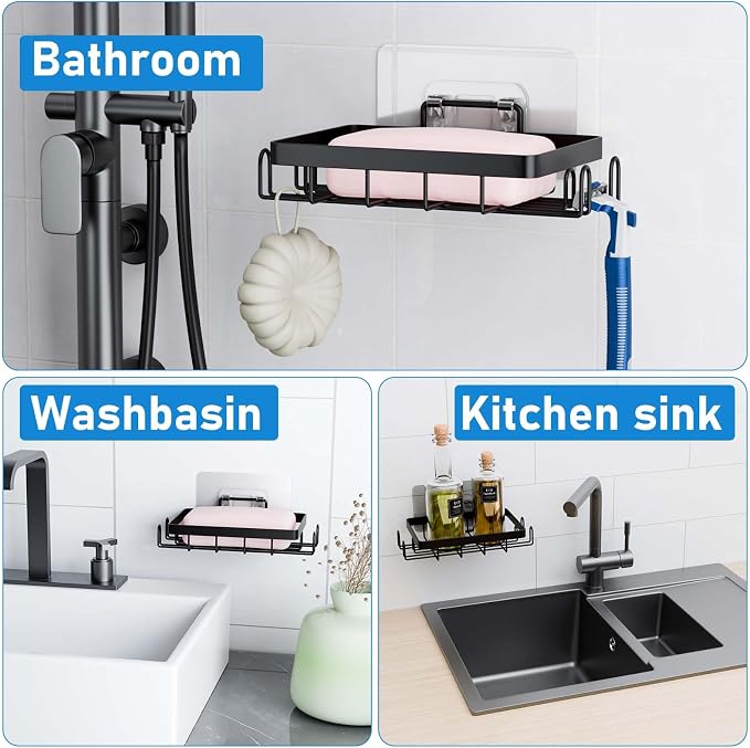 2 Pack Soap Holder with 4 Hooks for Shower, No-Drilling Soap Dish | Waterproof Stainless Steel Bar Soap for Bathroom Bathtub Kitchen Sink - Black