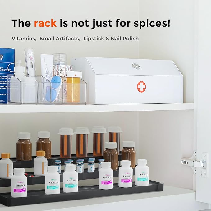 Expandable Spice Rack Organizer - 3 Tier Adjustable Spice Organizer for Cabinet & Countertop - Easy Visibility - Black