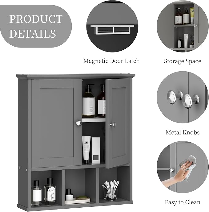 Shintenchi Bathroom Medicine Cabinet, Wall Mounted, Adjustable Shelf, Gray | Over The Toilet Cupboard, Open & Concealed Storage, 2 Magnet Doors, Space-Saving, Easy to Clean