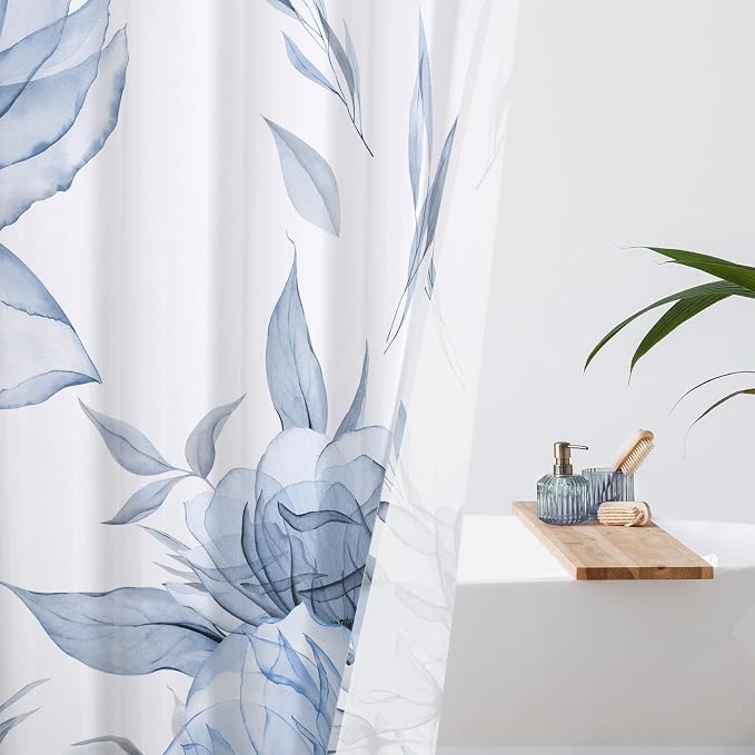 Litabel Long Boho Watercolor Floral Shower Curtain 72 x 78, Blue and Grey Ink Painting Style Flower Shower Curtains for Chic Elegant Bathroom, Artistic 78 Inch Long Fabric Shower Curtain