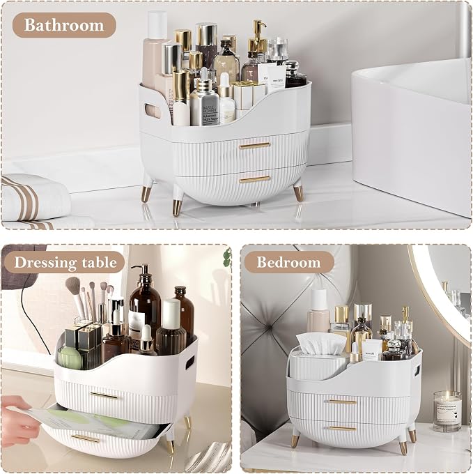 Makeup Organizer for Vanity, Large Capacity Skincare Organizer Countertop | Cosmetics Organizer with 2 Drawes, Cosmetic Display Cases Makeup Storage Box for Bedroom, Bathroom, Gifts for Women(White)